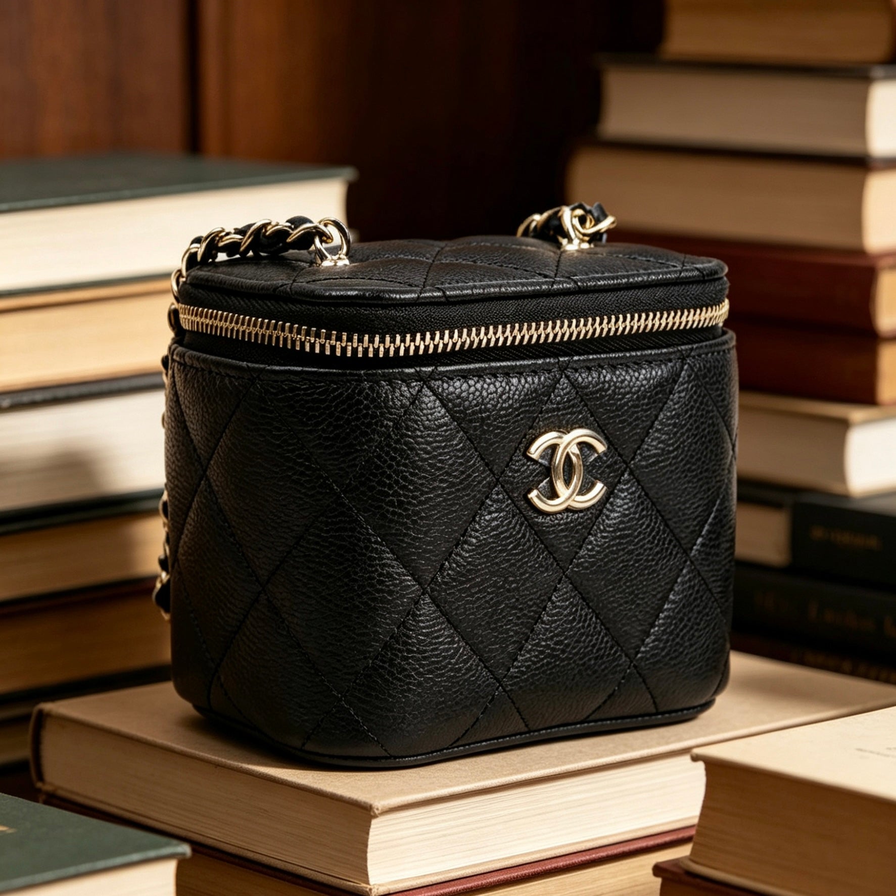 CHANEL Black Caviar Quilted Vanity Case with Chain